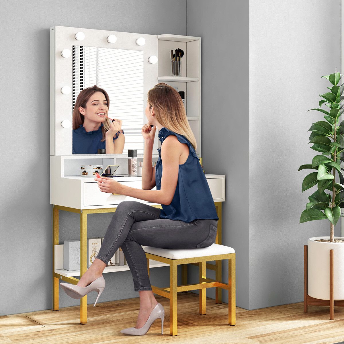 Dressing Table & Stool Set with Nine-LED Mirror