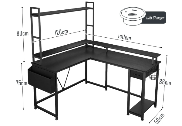 L-Shaped Gaming Desk with LED Lights & Storage