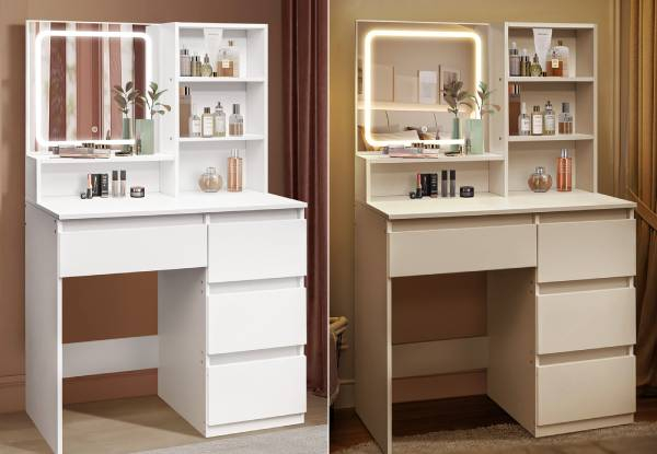 LED Mirror Vanity Table with Four Drawers, Three Compartments & Three Lighting Modes