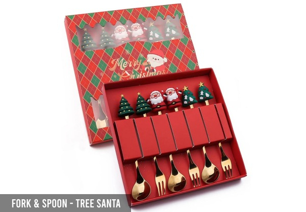 Six-Piece Christmas Festive Stainless Steel Fork & Spoon Set - Five Options Available