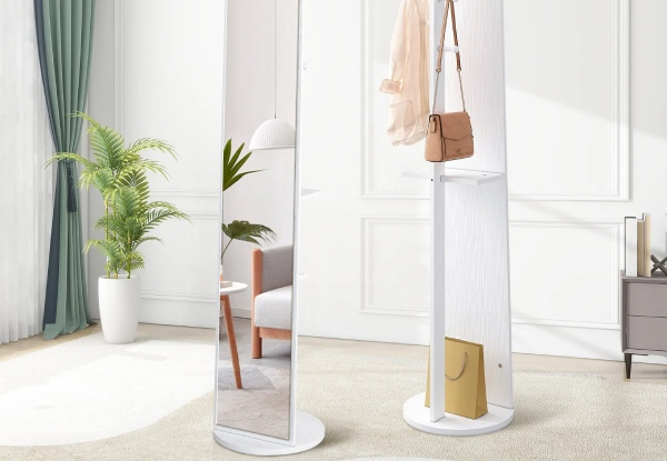 Freestanding Full-Length Mirror with Rotating Base & Storage - Two Colours Available