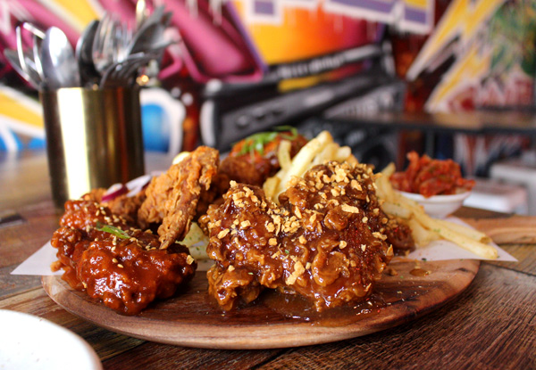 Fried Chicken Tasting Platter with Kimchi, Fries & Wasabi Mayo