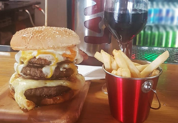 The Monster Burger, Fries & Your Choice of Tap Beer or House Wine