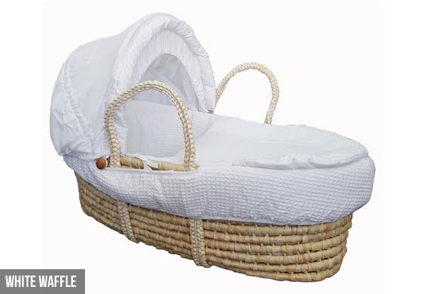 Natural Cane Moses Basket & Linen Set - Six Designs Available & an Option to incl. Stand