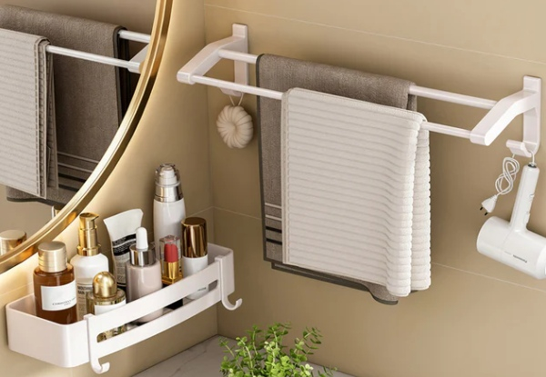 SOGA 62cm Wall-Mounted Double Pole Towel Holder with Hooks