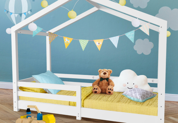 Kids House-Shaped Single Bed Frame with Guard Rail