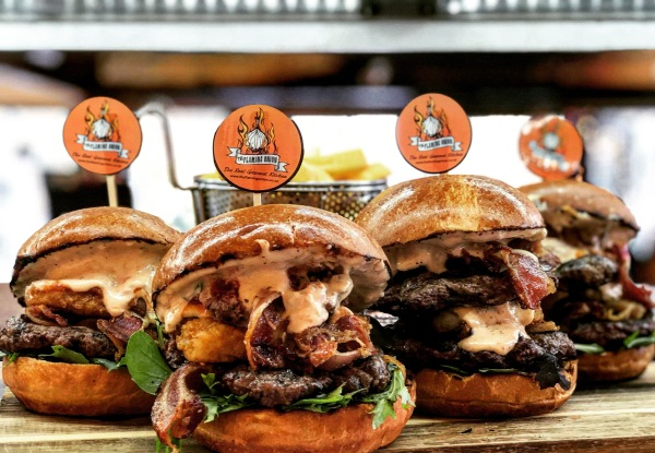 Gourmet Burger & Chips Combo at the Flaming Onion - Option for Two People - Three Locations