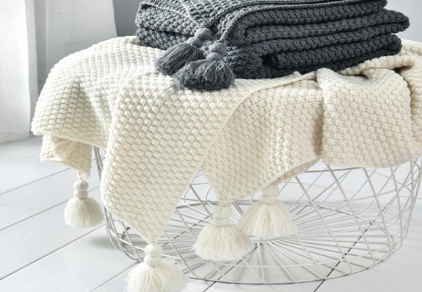 Tasselled Knit Throw Blanket -  Five Colours & Five Sizes Available