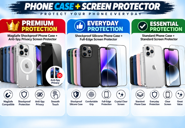 Essential Phone Protection Package incl. Phone Case, Screen Protector & Installation for iPhone or Samsung - Options for Everyday or Premium MagSafe & Anti-Spy Privacy Packages (50% Off)