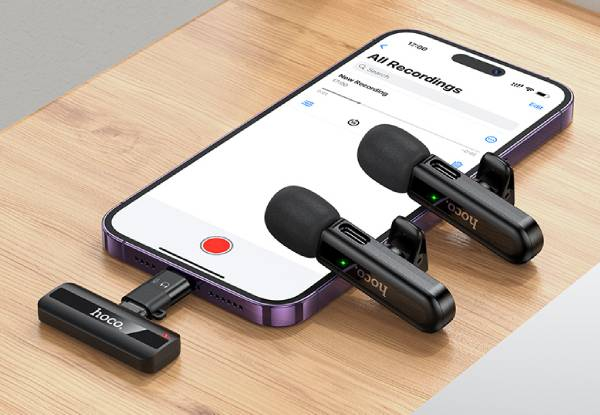 Hoco Dual Wireless Lapel Mic with USB-C Connector, Lightning Adaptor, & DSP Noise Cancellation