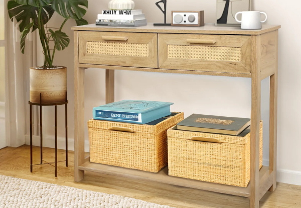 Narrow Hallway Console Table with Two Rattan Drawers