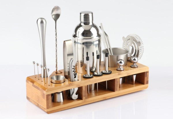 23-Piece Stainless Steel Cocktail Shaker Set with Wooden Rack - Three Sizes Available