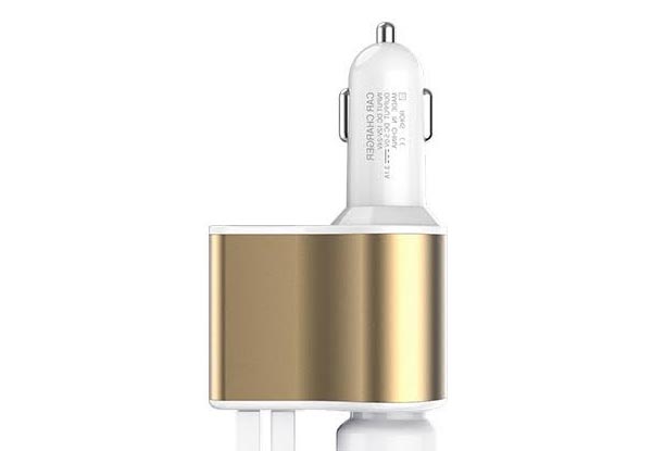 Portable Three-in-One USB Car Charger - White & Gold