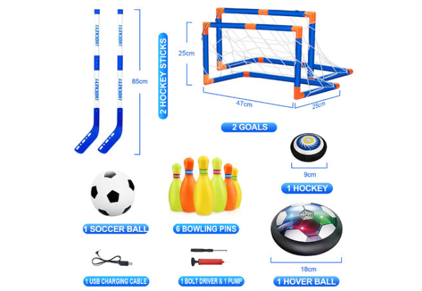 Three-in-One Kids Hockey, Soccer & Bowling Playset with LED