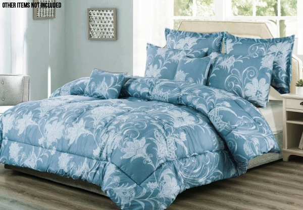 Seven-Piece Printed Blue Comforter Set - Three Sizes Available