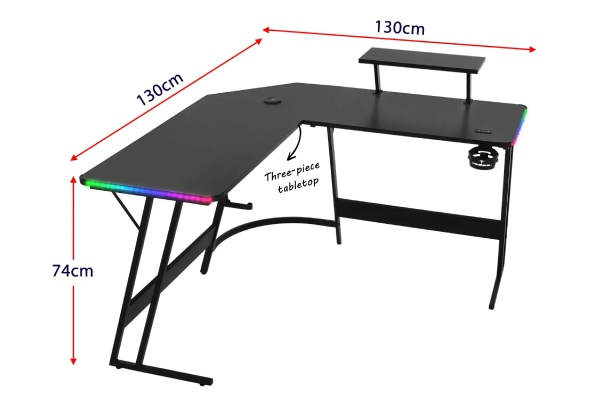 130cm L-Shaped LED Gaming Desk Computer Office Workstation with Wireless Charger