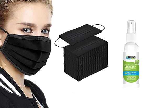 Face Mask & Surface Spray Combo Set incl. 50-Pack Techno Trade Grade Masks & New Generation Total Safe Surface Spray 100ml - Options for Three or Five Sets