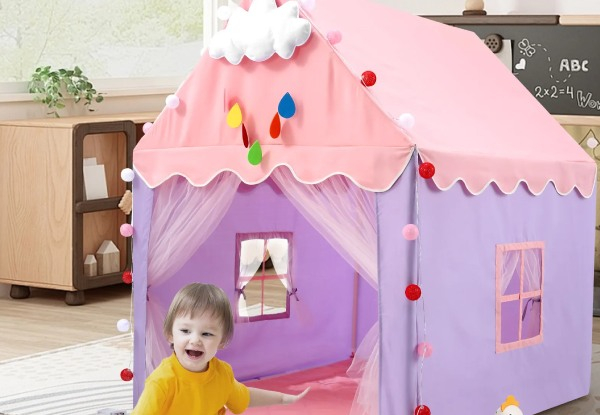 Kid's Castle Play Tent with Mat String Lights - Two Colours Available