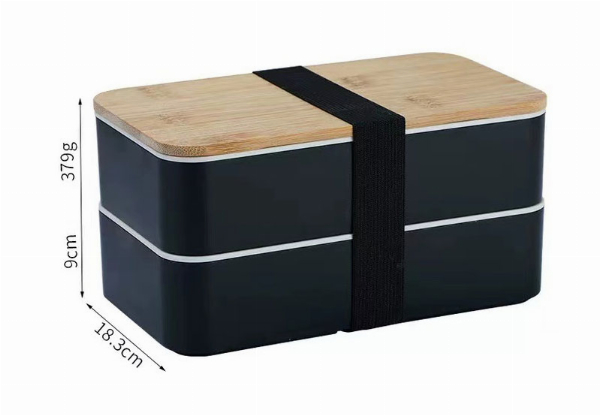 Double Layer Lunch Box with Wood Lid & Cutlery - Available in Four Colours