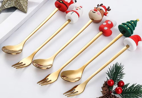 Six-Piece Christmas Festive Stainless Steel Fork & Spoon Set - Five Options Available