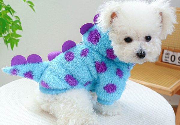 Thickened Blue Dinosaur Hooded Coat with Drawstring Buckle for Dogs - Five Sizes Available