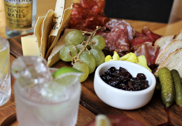Two Gin Tasting Paddles with a Charcuterie Meat & Cheese Tasting Board to Share for Two People - Options for up to Six People Available
