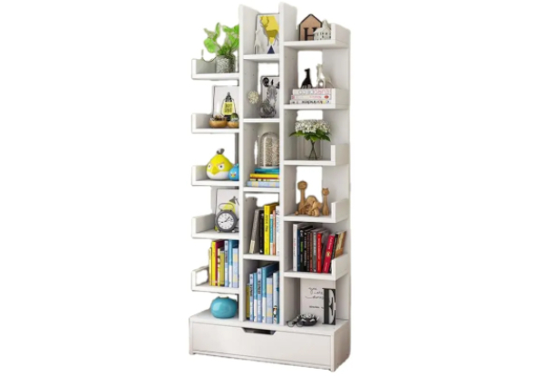 Six-Tier White Bookshelf with Storage