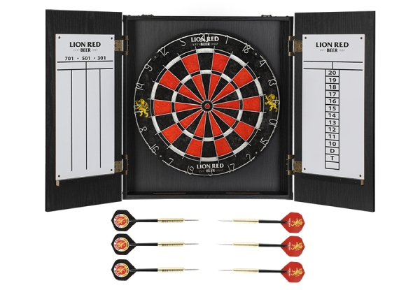 Lion Red Dartboard with Cabinet & Darts Set