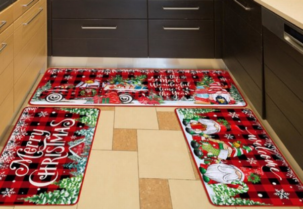 Three-Piece Christmas Washable Non-Slip Kitchen Mat Set - Four Styles Available