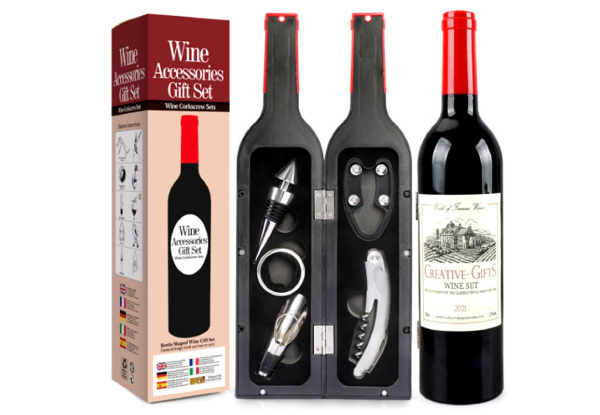 Five Piece Wine Bottle Opener Gift Set with Bottle Shaped Carry Case - Option for Two-Pack