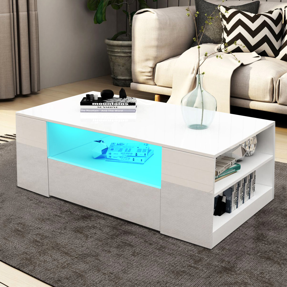 Modern 16-LED Rectangle Coffee Table with Two Drawers - Two Colours Available