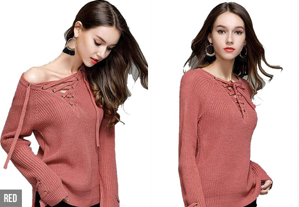 Lace-Up Front Knit Sweater - Five Colours & Sizes Available with Free Delivery