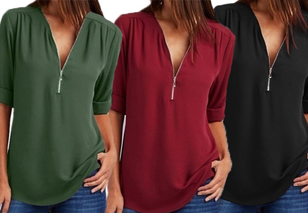 V-Neck Fold-Up Long Sleeve Sheer Top - Six Colours & Seven Sizes Available with Free Delivery