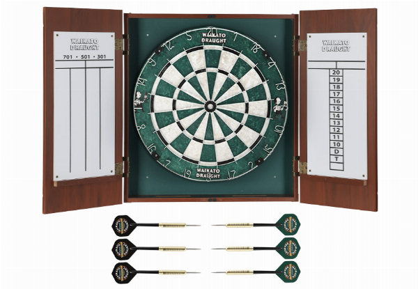 Dartboard Cabinet & Darts Set - Option for Waikato Draught or Speights