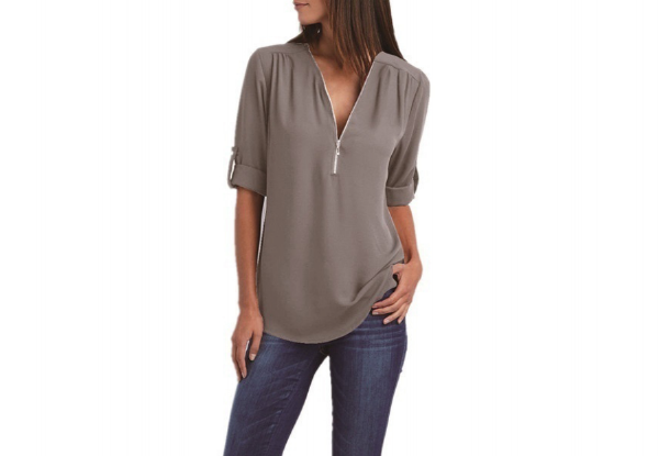 V-Neck Fold-Up Long Sleeve Sheer Top - Six Colours & Seven Sizes Available with Free Delivery