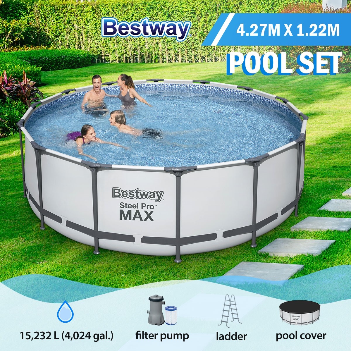 Bestway 4.27m Steel Pro Max Above Ground Swimming Pool Set with Cover