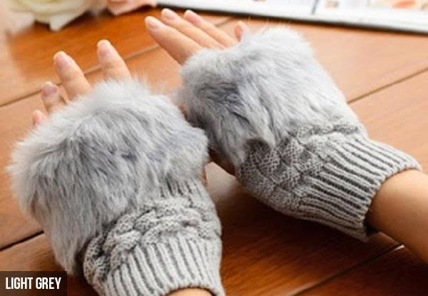 Pair of Knitted Faux Fur Fingerless Gloves - Five Colours Available