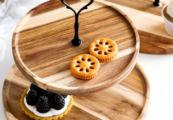 Soga Two-Tier Brown Round Wooden Dessert Tray