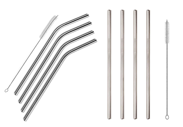 Four-Piece Stainless Steel Straw Set with Storage Bag - Two Options Available