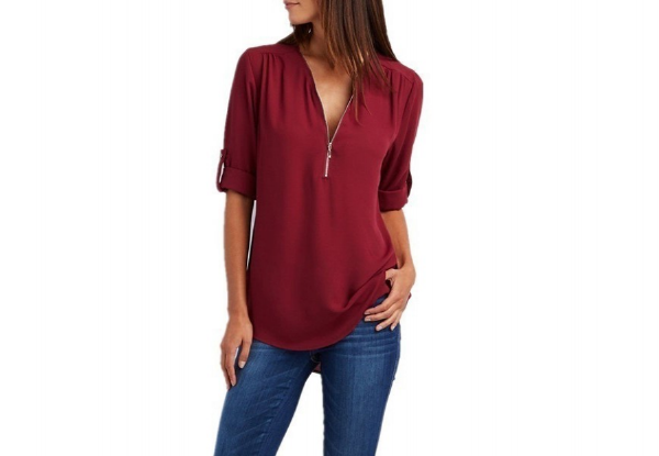 V-Neck, Fold-Up, Long Sleeve, Sheer Top - Six Colours & Seven Sizes Available