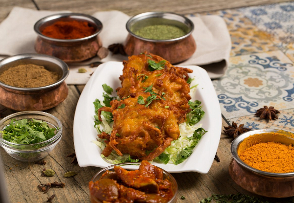 Three-Course Lunch Banquet for Two incl.  Onion Bhajis, Two Chicken or Lamb Curries, Plain Rice, Two Garlic or Plain Naans & Two Tap Beers - Available at Five Locations