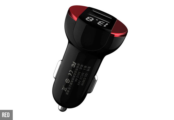 5V 2.4A Dual USB LED Display Car Charger - Three Colours Available with Free Delivery