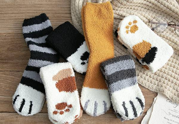 Two-Pairs of Plush Novelty Cat Socks - Six Colours Available