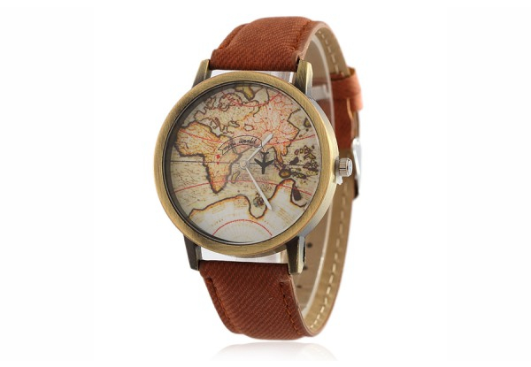 Vintage World Map Watch - Seven Colours Available - Option for Two-Pack