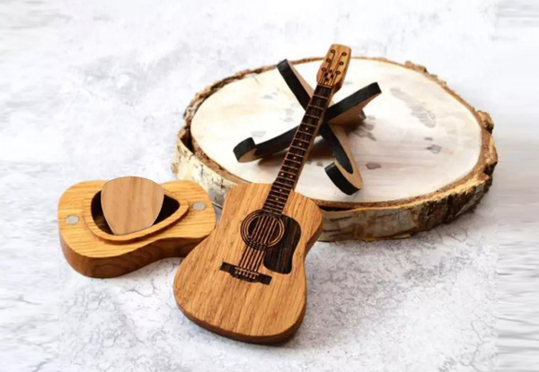 Wooden Acoustic Guitar Pick Box with Holder