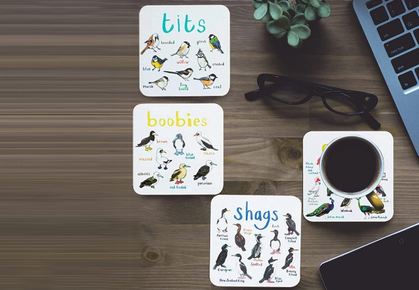 Six-Piece Bird Pun Coaster Set - Option for Two Sets