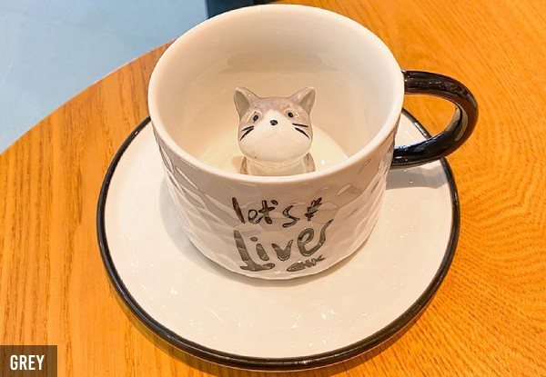 200ML Kitten Ceramic Coffee Mug with Saucer - Four Colours Available
