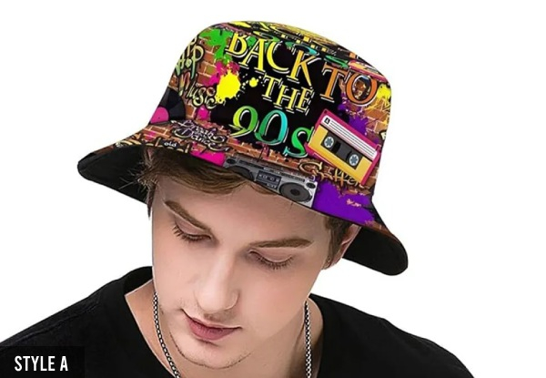 Funny Retro 80s 90s Style Design Reversible Print Bucket Hat - Two Styles Available