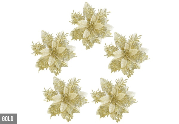 Five-Pack Artificial Glitter Flowers - Three Colours Available & Option for Ten-Pack