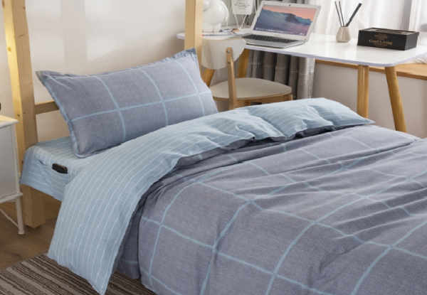 Three-Piece Cotton Duvet Cover Set in Linen-Style Plaid Blue - Three Sizes Available
